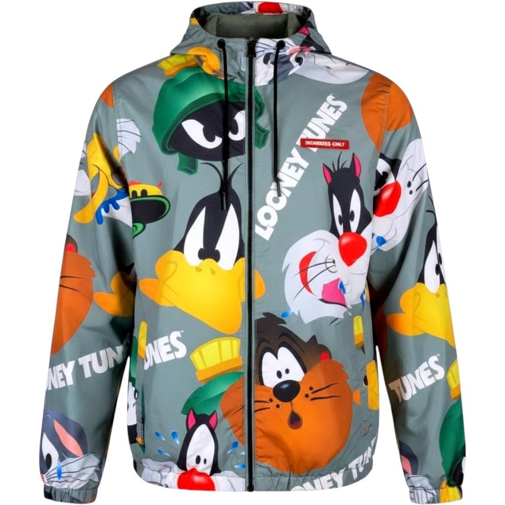 Members Only Looney Tunes Hooded Windbreaker Jacket Mens Large Gray Multi Print